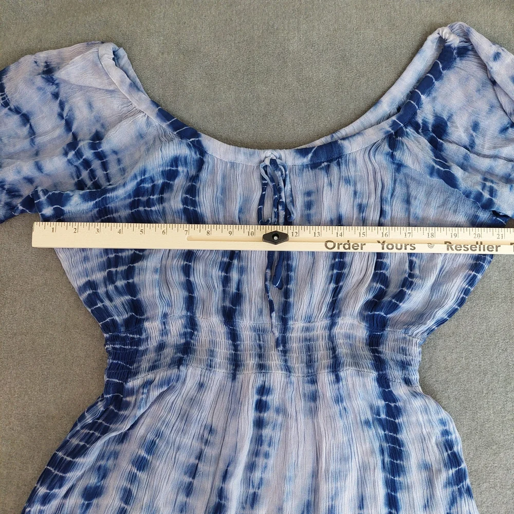 Raya Sun Boho Tie Dye Embroidered Smocked Mini Dress XL Blue White Cotton